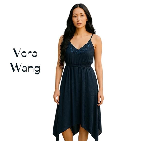Vera Wang Navy Sequined Babydoll Cruise Vacation Coastal Sundress NWT Size L - Picture 1 of 15